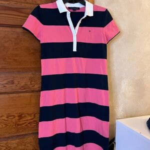 Tommy Hilifiger Y2K Preppy Americana Polo T-Shirt Pink/Navy Stripe Dress Size XS